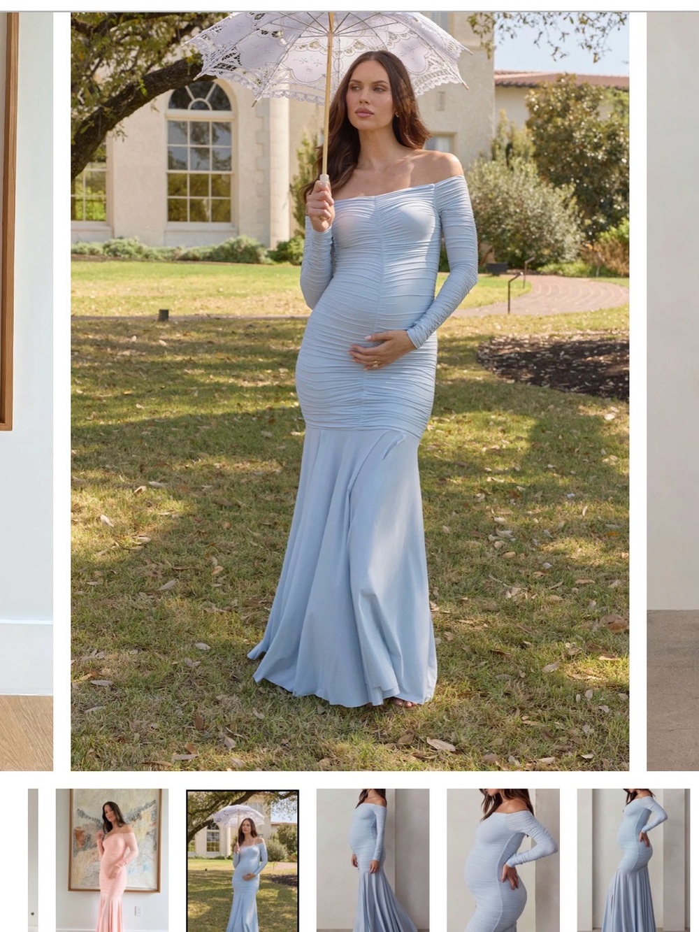 Off-Shoulder Ruched Mermaid Maxi Dress in Light Blue